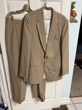 60s 70s Hart Marx Suit 42L Jacket Beige Tan 2 Button Viracle Pants 36x30 Poly